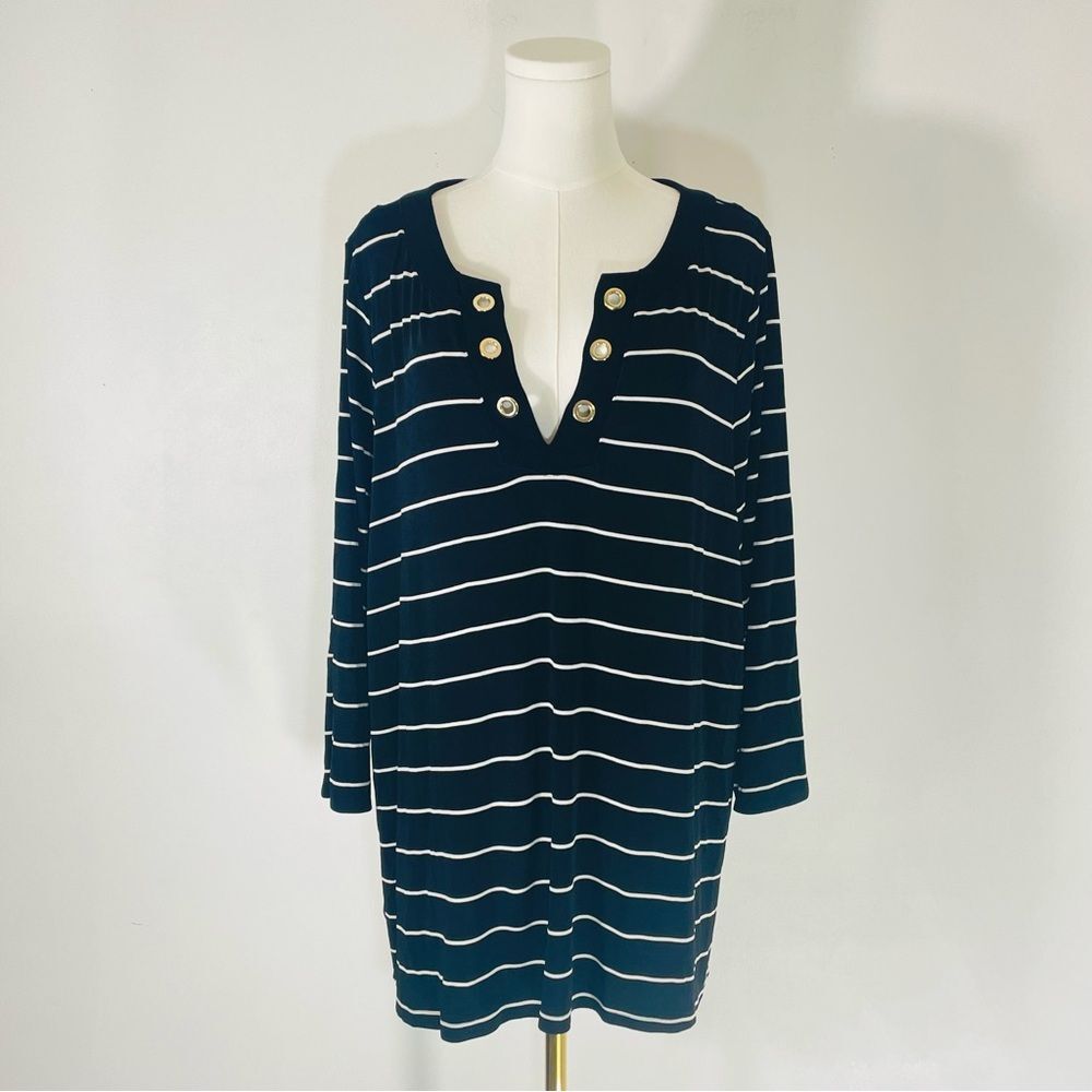 Chico’s Black & White Striped V Neck Tunic Top w Gold Hardware Chico’s 4 (XXL)